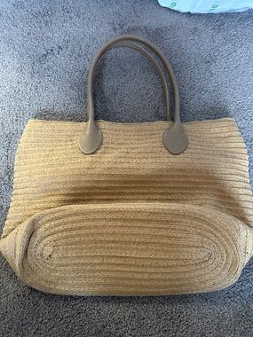 Womens Straw Tote Bag with Taupe Handles - Beige